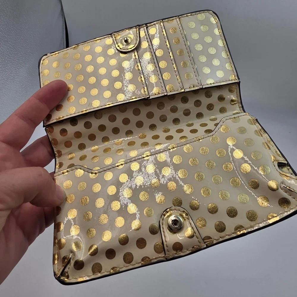 Anne Klein Cream Gold Polka Dot Patent Bow Trifold Wallet Lion Logo Hardware